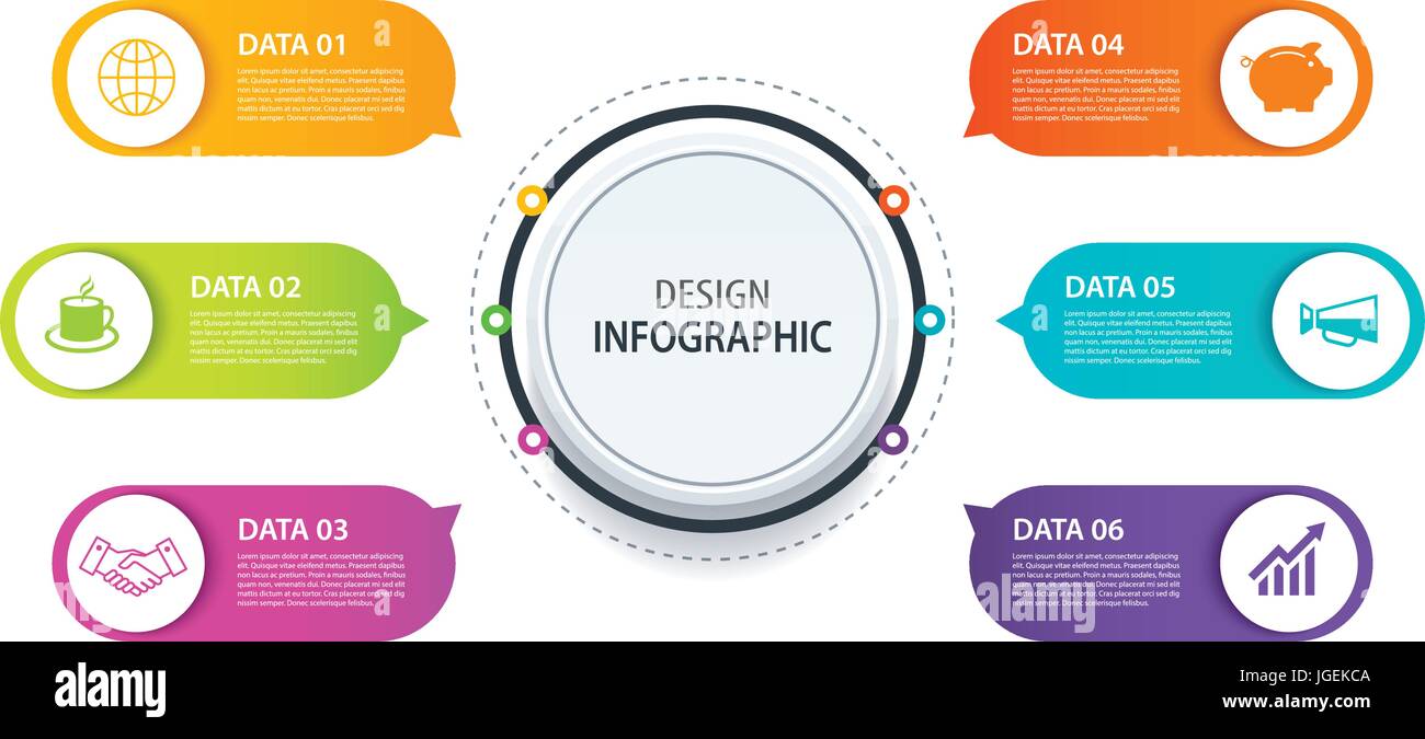 6 Vecteur de conception infographique et icône marketing.Peut être utilisé pour la mise en page, flux de données, diagramme, option, bannière, web design. Concept d'affaires avec des étapes Illustration de Vecteur