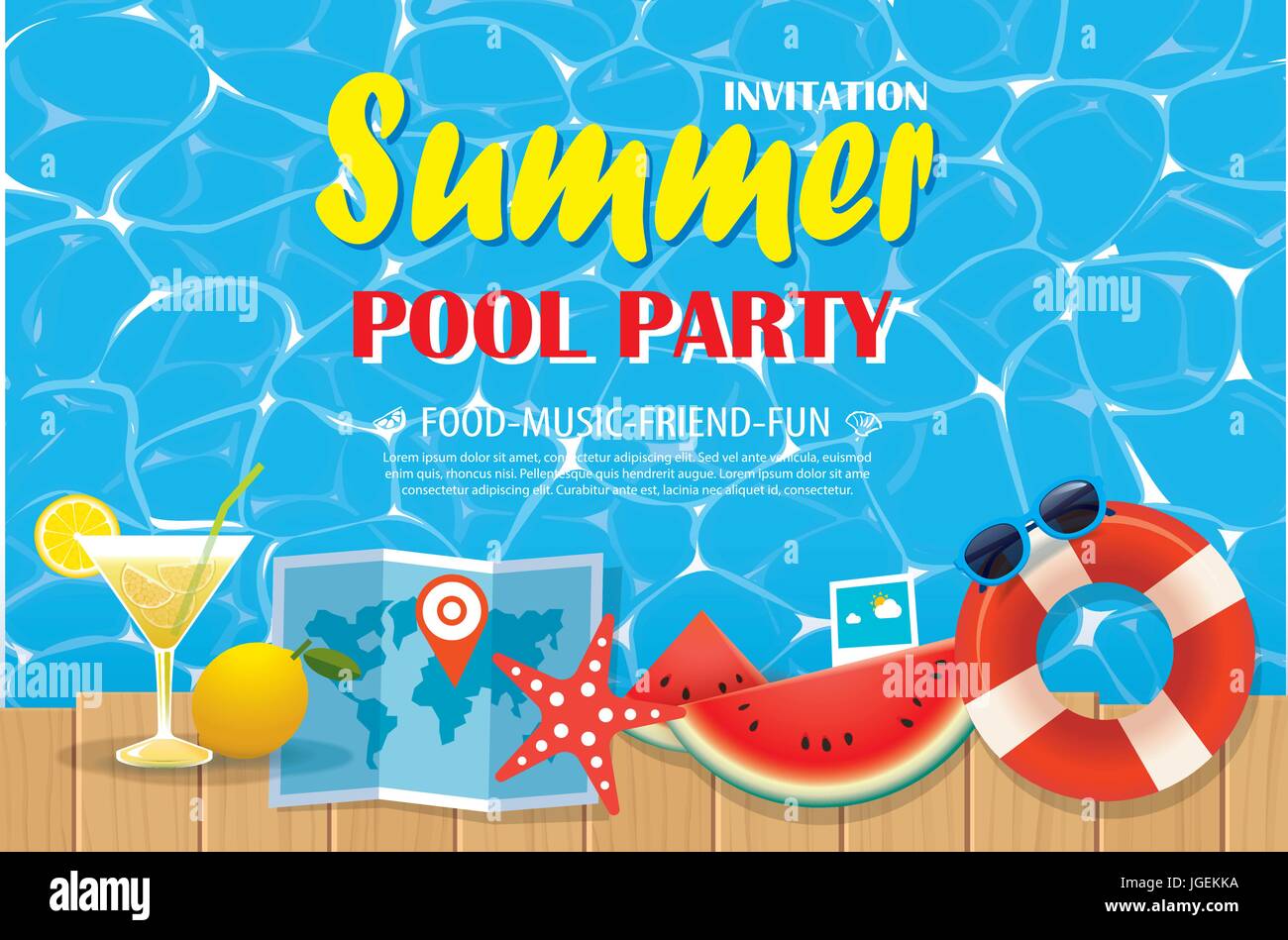 Pool Party invitation poster avec de l'eau bleu et en bois. Vector illustration d'été. Illustration de Vecteur