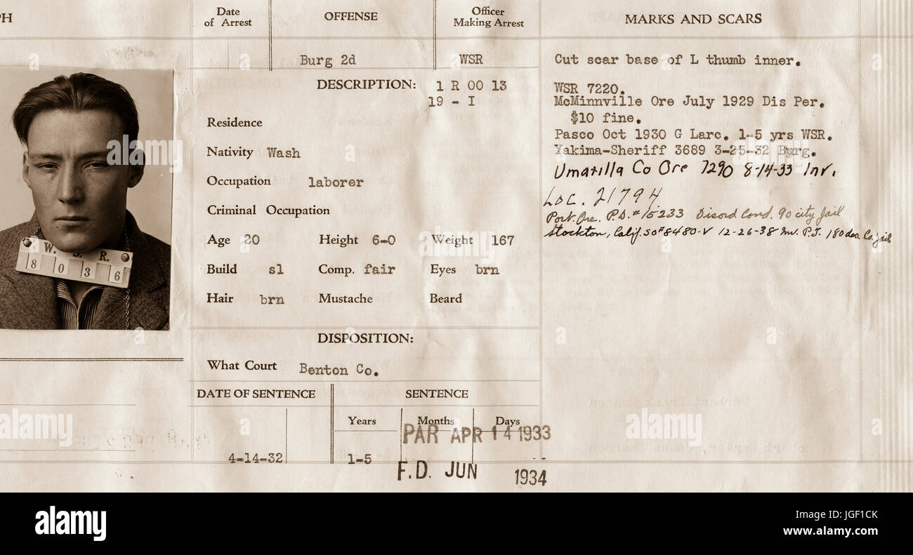 Registres publics de dossiers pénaux de l'état de Washington pendant les années 30. Banque D'Images