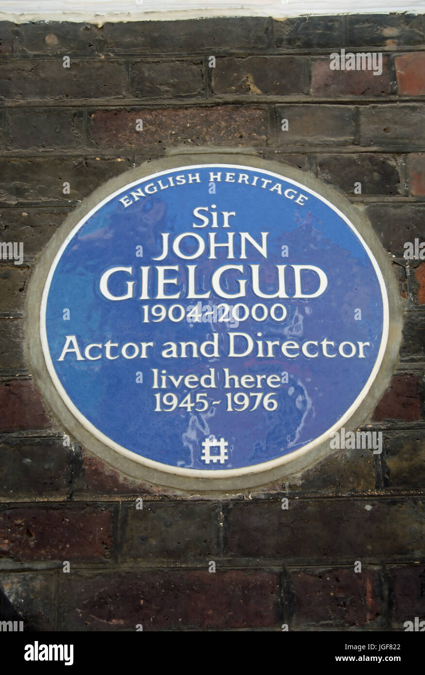 English Heritage blue plaque marquant un accueil de l'acteur et réalisateur sir John Gielgud, Westminster, Londres, Angleterre Banque D'Images