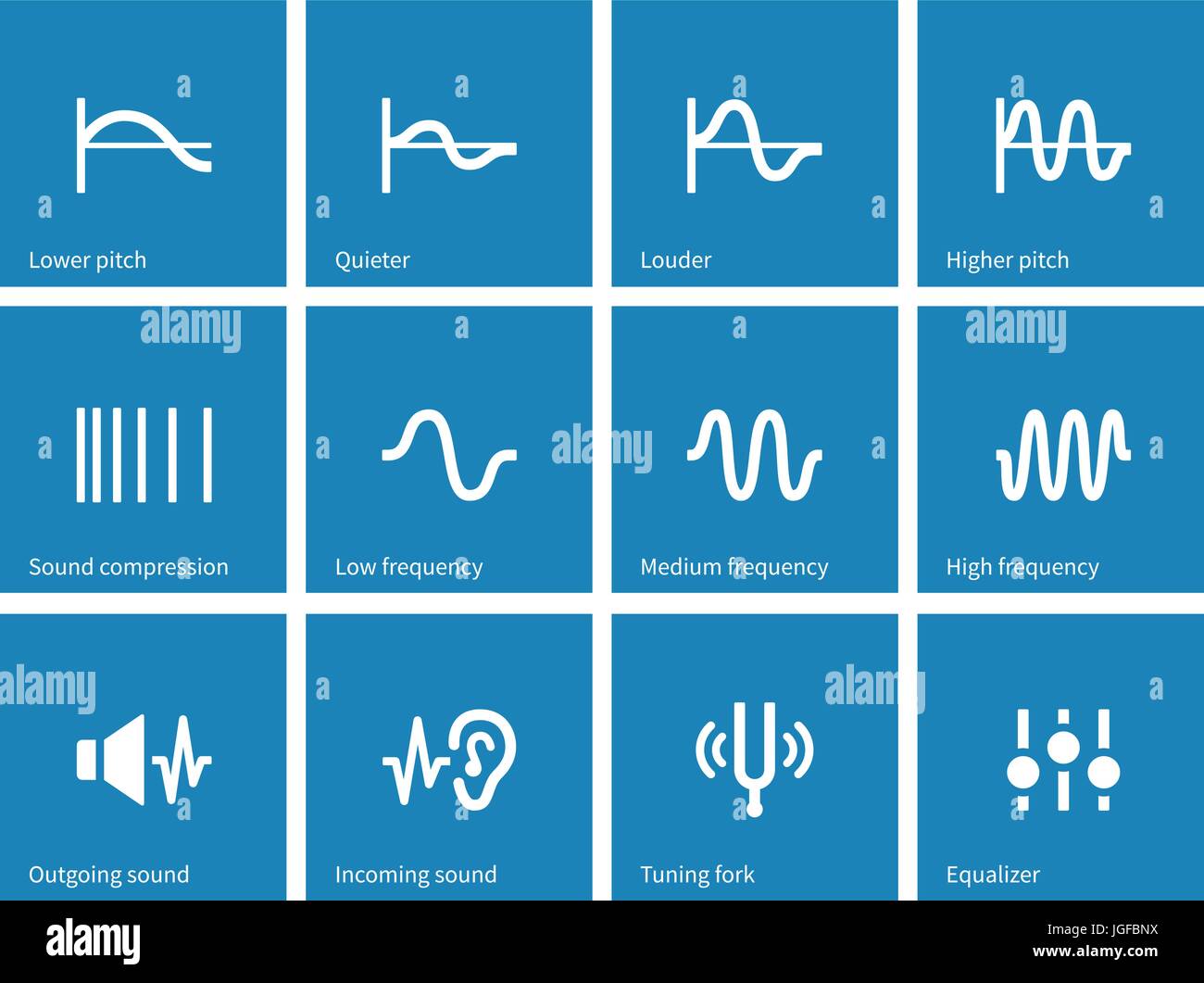 Types d'onde sonore icônes sur fond bleu. Illustration de Vecteur