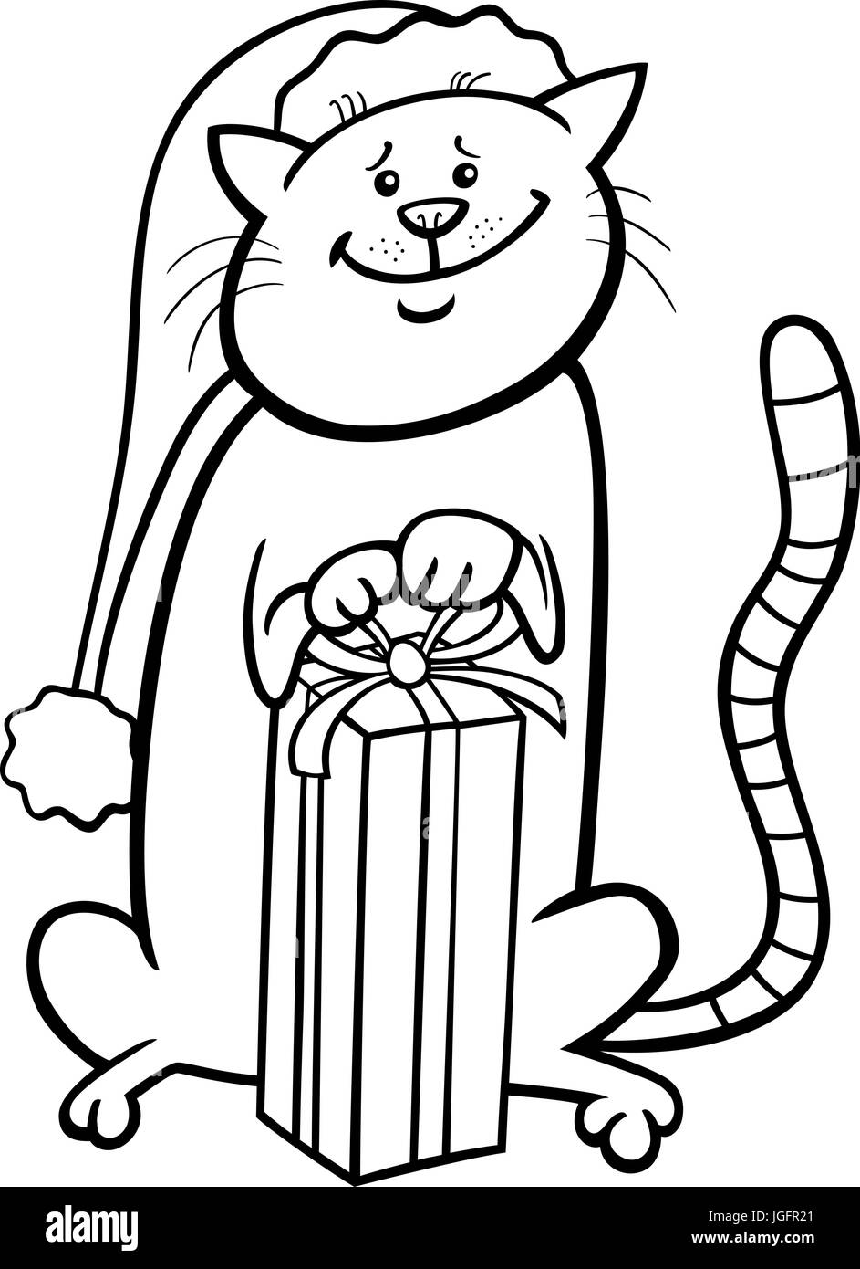 Cartoon noir et blanc Illustration de chat ou chaton personnage animal Coloring Book with Christmas Present Illustration de Vecteur