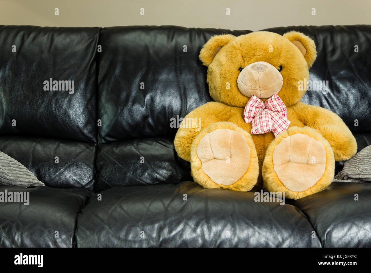 Grand ours en peluche brun assis dans un canapé noir Banque D'Images