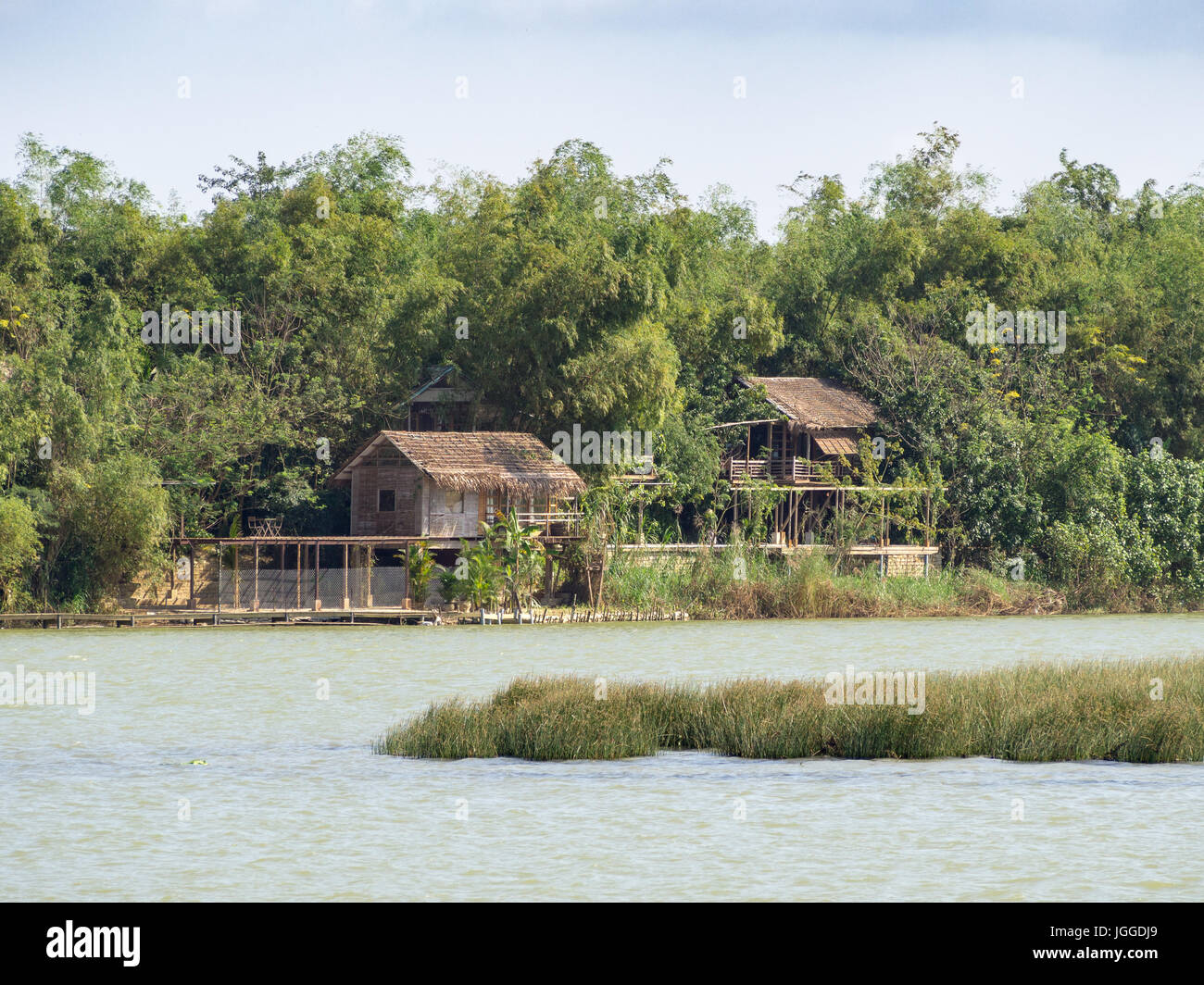 Maisons vietnamiennes sur une rivière, marché flottant et bateaux, mode de vie traditionnel, la ville de Hoi An, Vietnam central Banque D'Images