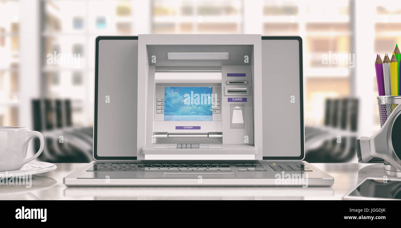 Concept de l'argent en ligne. Distributeur automatique de billets sur un écran d'ordinateur portable - bureau arrière-plan. 3d illustration Banque D'Images