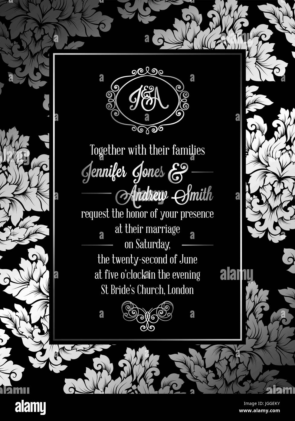 Vintage Style Baroque Modele De Carte D Invitation De Mariage La Conception Formelle Elegante Avec Fond Damasse Decoration Traditionnelle Pour Mariage Dec D Argent Image Vectorielle Stock Alamy