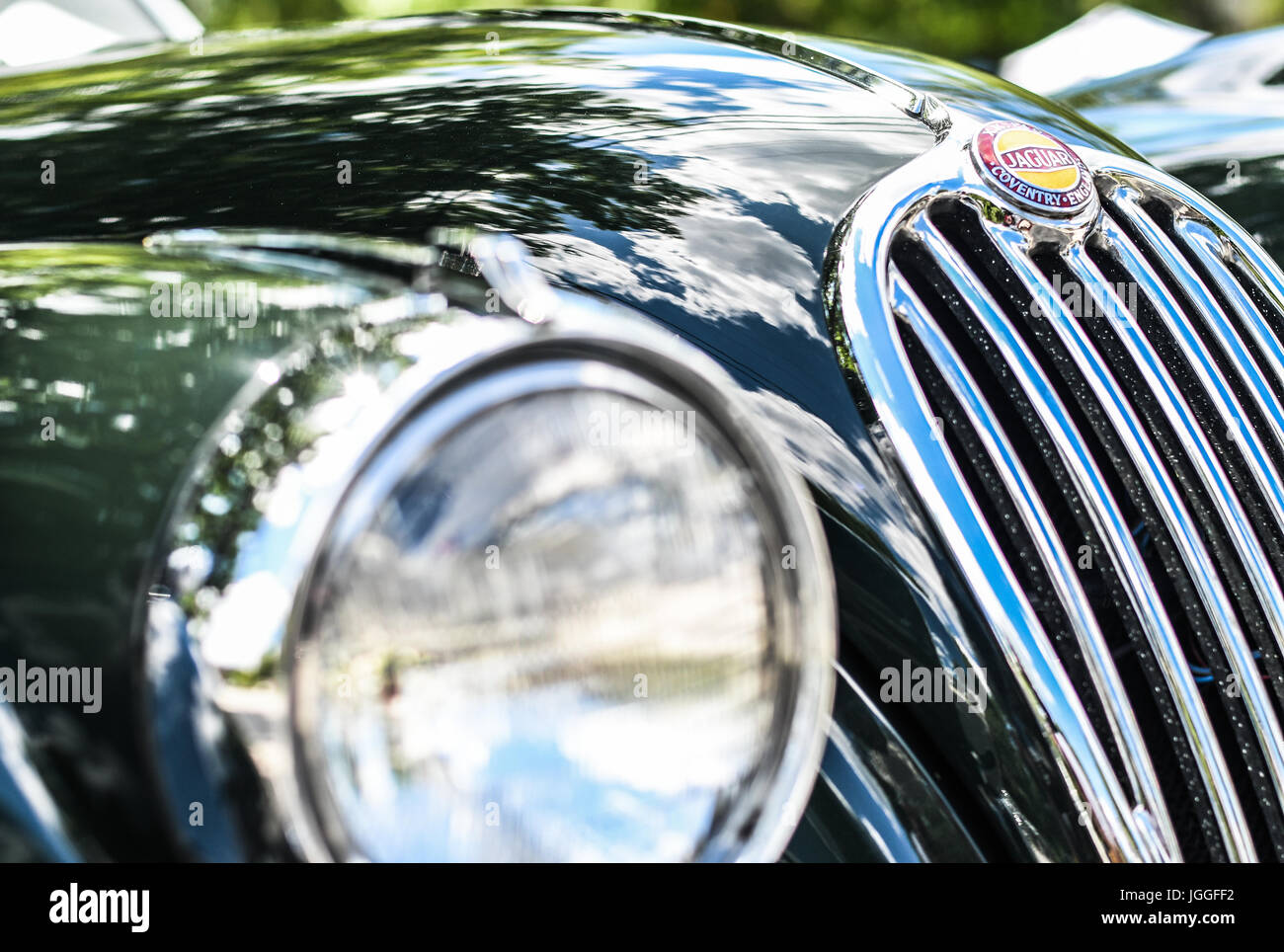 Grill et le phare d'une Jaguar XK 140 vintage Banque D'Images