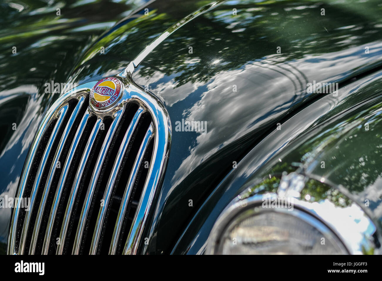 Grill et le phare d'une Jaguar XK 140 vintage Banque D'Images