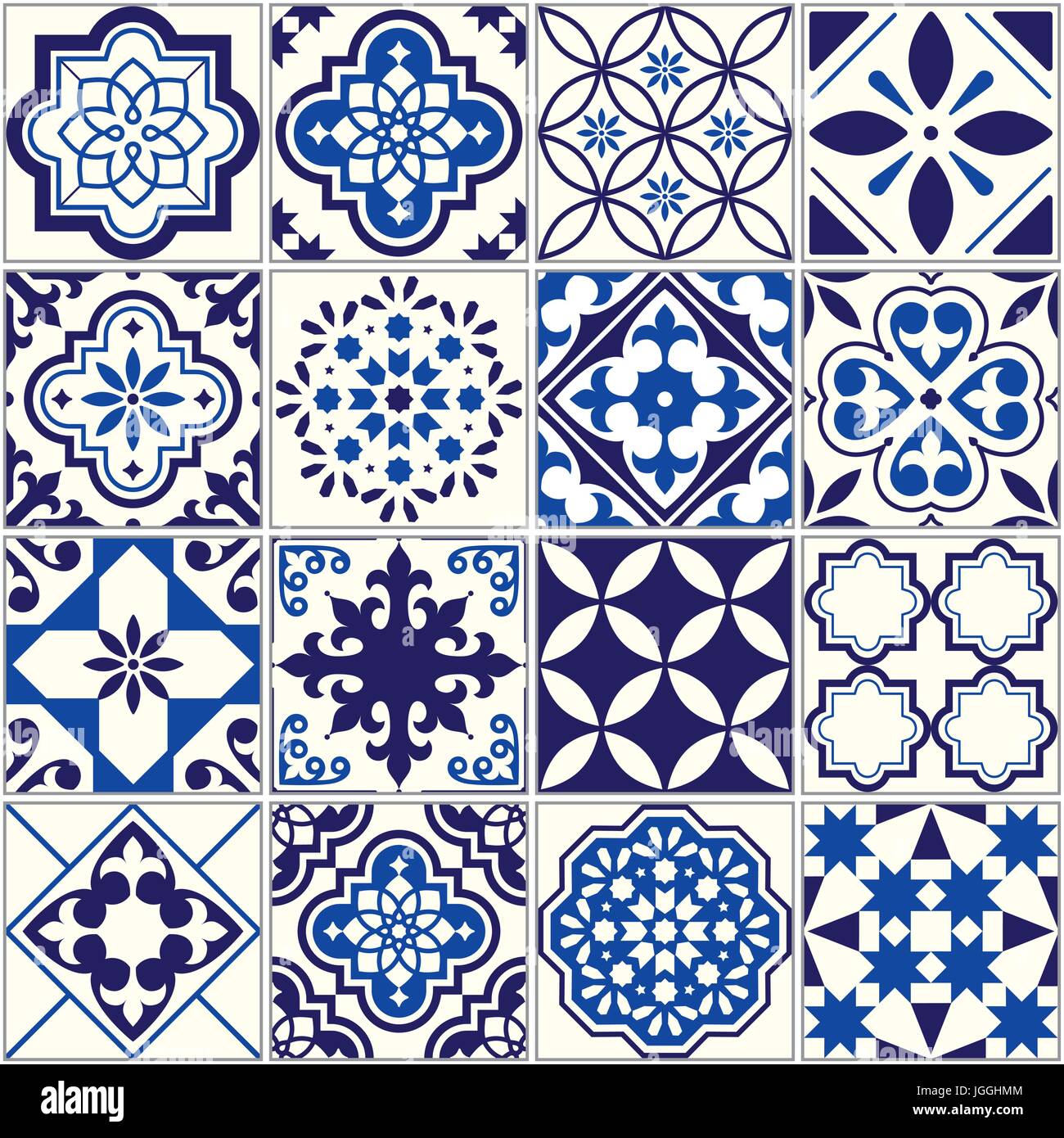Modèle de tuile, vecteur de la mosaïque florale de Lisbonne, sans ornement bleu marine Méditerranée Illustration de Vecteur