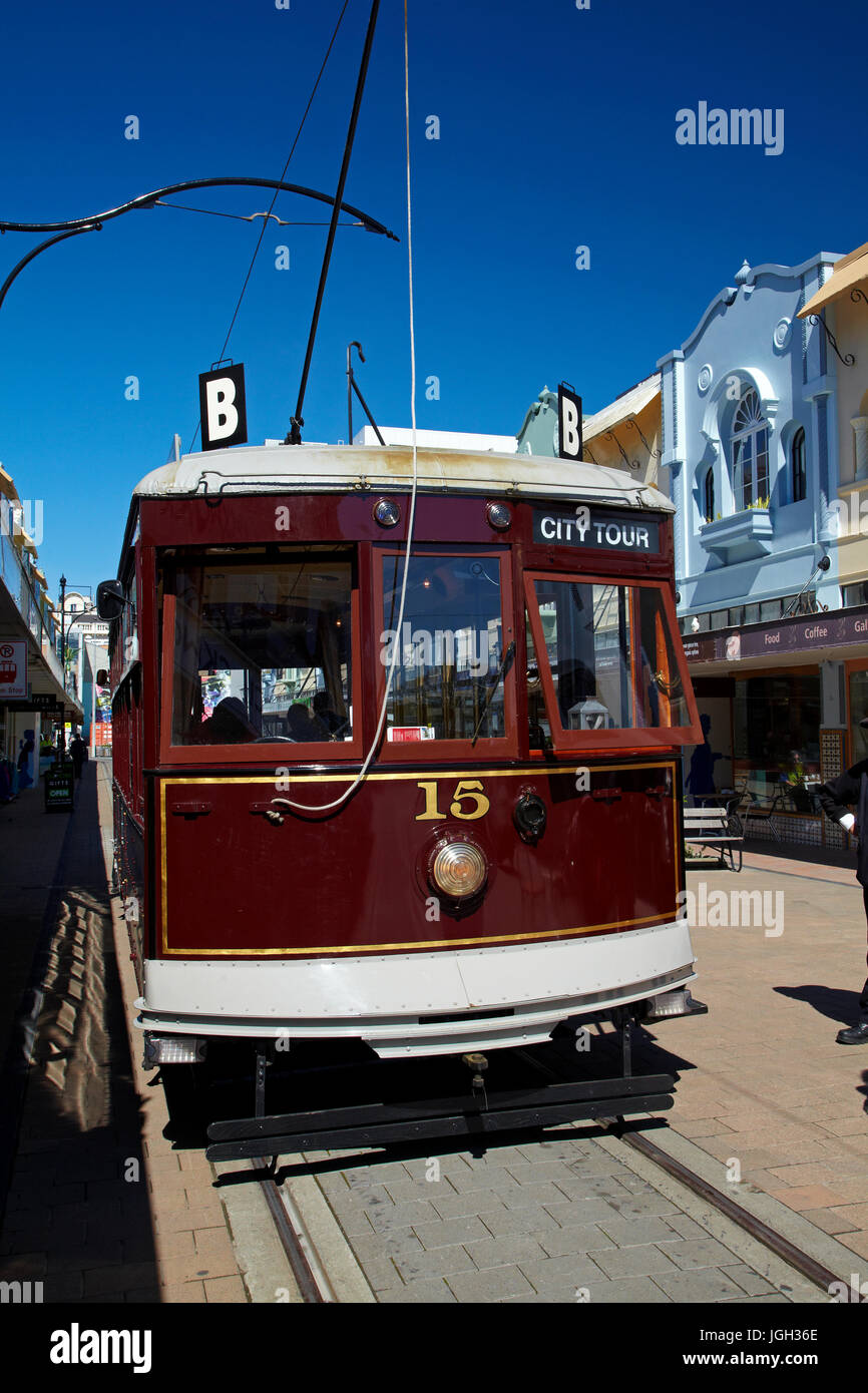 Tram et immeubles Art déco, New Regent Street, Christchurch, Canterbury, île du Sud, Nouvelle-Zélande Banque D'Images