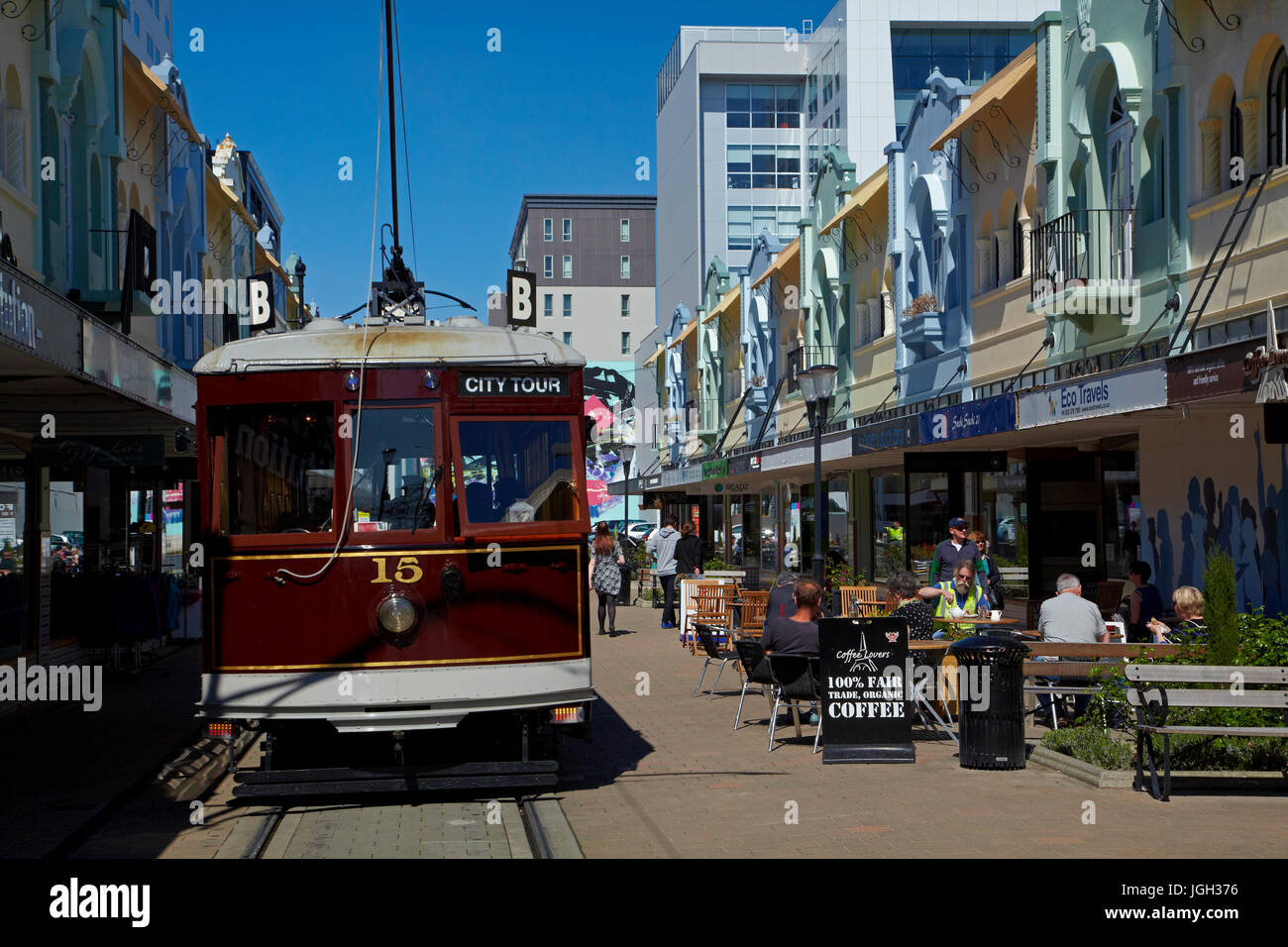 Tram et immeubles Art déco, New Regent Street, Christchurch, Canterbury, île du Sud, Nouvelle-Zélande Banque D'Images