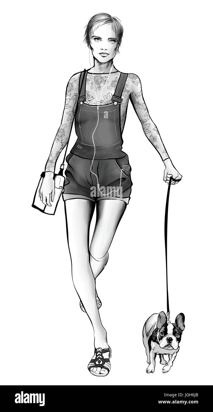 Jolie jeune femme marche avec un bouledogue français - vector illustration Illustration de Vecteur
