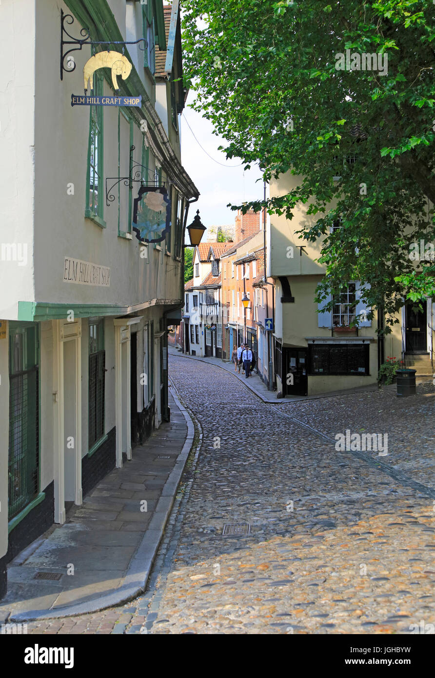 Les bâtiments historiques à Elm Hill, rue pavées Lane, Norwich, Norfolk, England, UK Banque D'Images