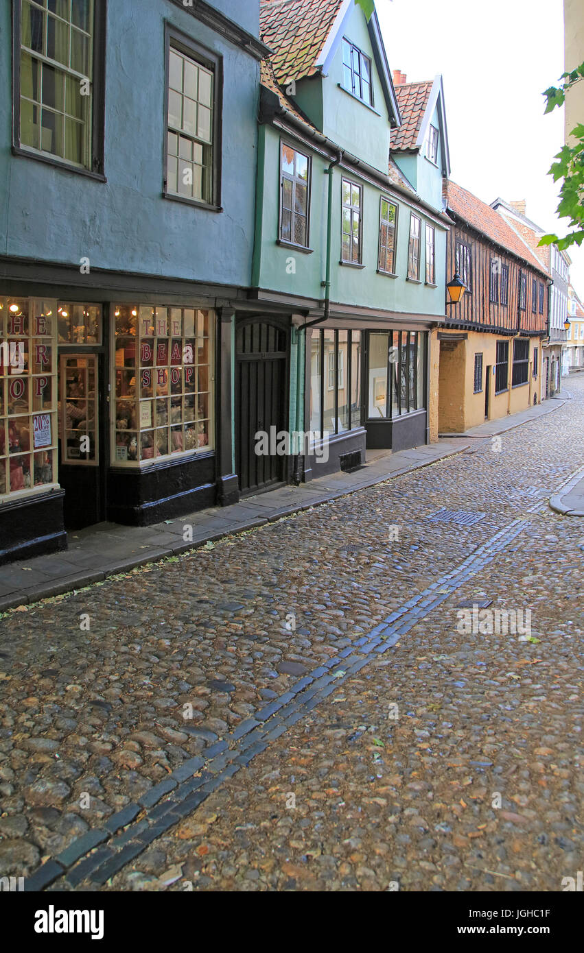 Les bâtiments historiques à Elm Hill, rue pavées Lane, Norwich, Norfolk, England, UK Banque D'Images
