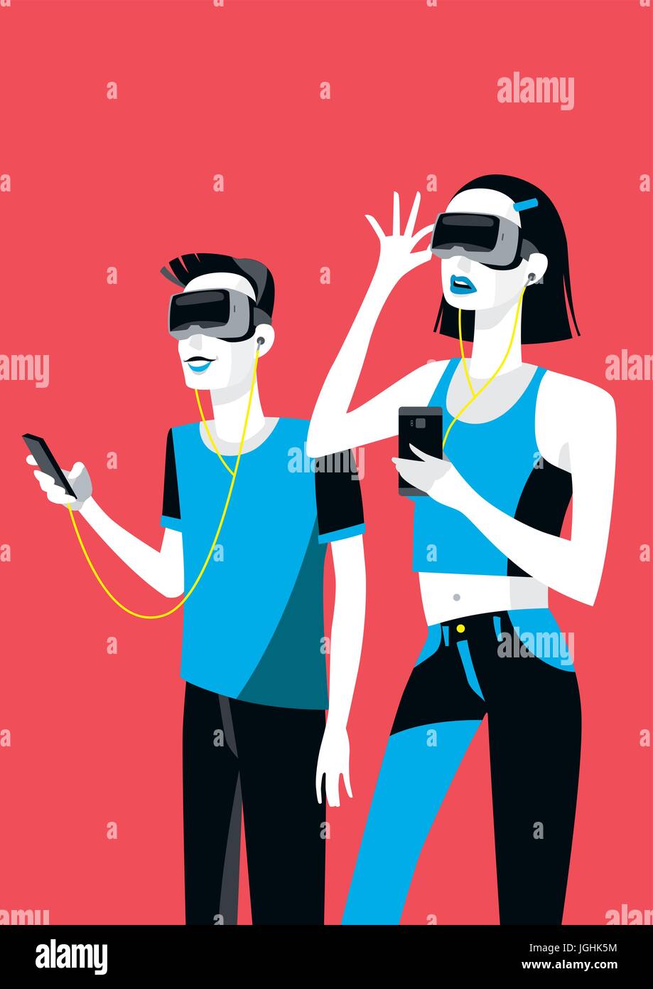 Les adolescents masculins et féminins de réalité virtuelle millénaire portant des lunettes. Ils portent des écouteurs trop. Illustration de Vecteur