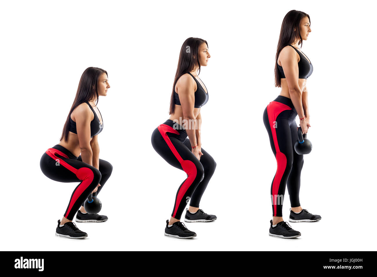 Exercice de squat avec le poids effectuée par un femme sport dans trois  positions sur un fond isolé blanc Vue de côté Photo Stock - Alamy