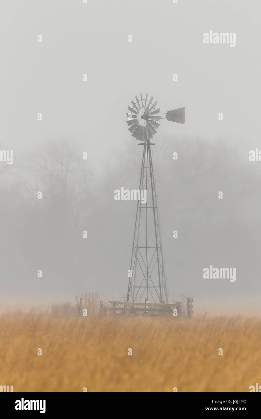 Moulin dans le brouillard du matin dans la vallée de la rivière Platte, en mars, près de Kearney, Nebraska, USA Banque D'Images