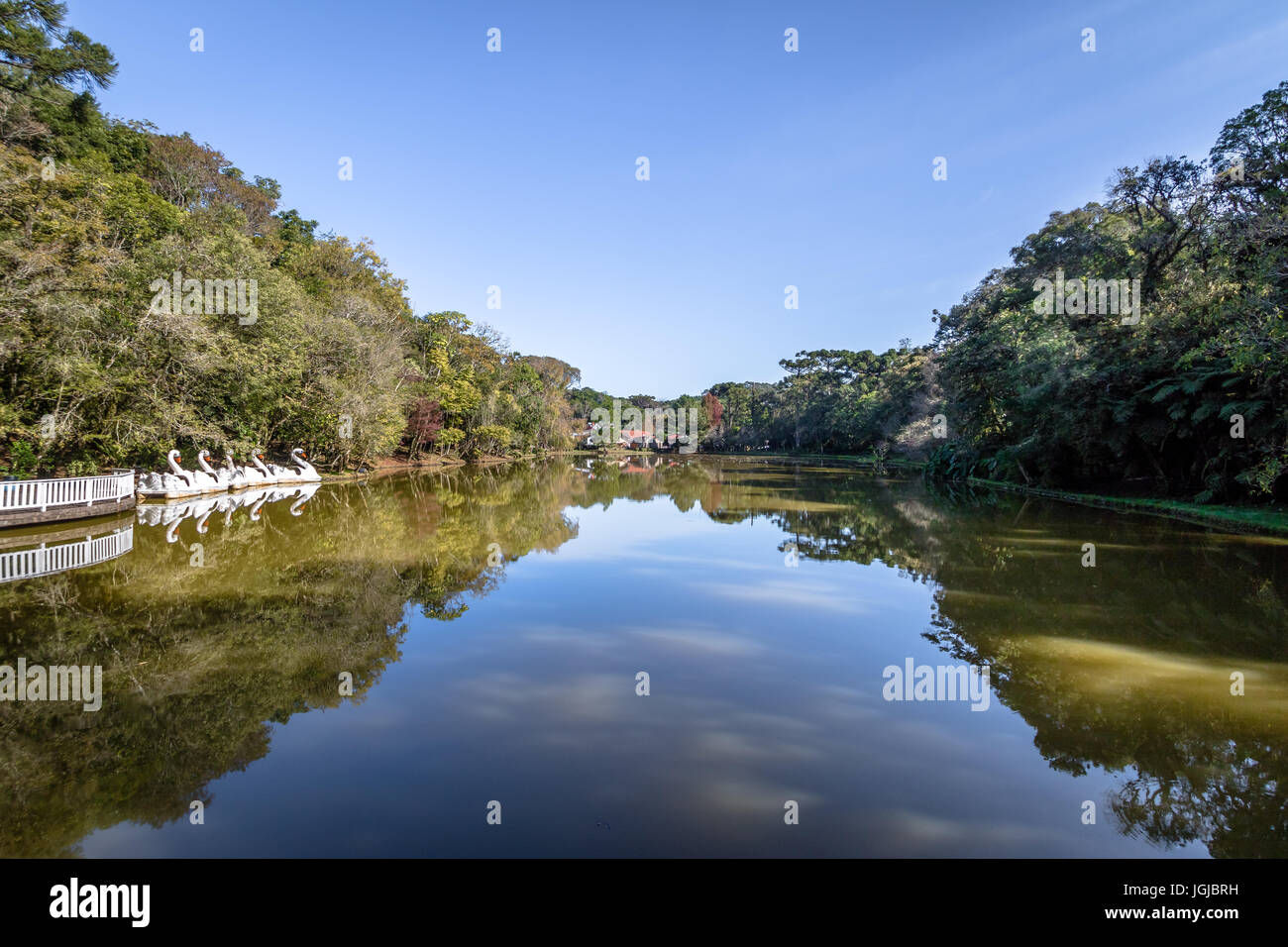 Swan Lake avec des pédalos à Village Park (parc d'immigrants Aldeia do Imigrante) - Nova Petropolis, Rio Grande do Sul, Brésil Banque D'Images