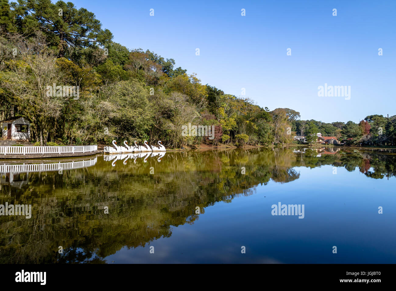 Swan Lake avec des pédalos à Village Park (parc d'immigrants Aldeia do Imigrante) - Nova Petropolis, Rio Grande do Sul, Brésil Banque D'Images