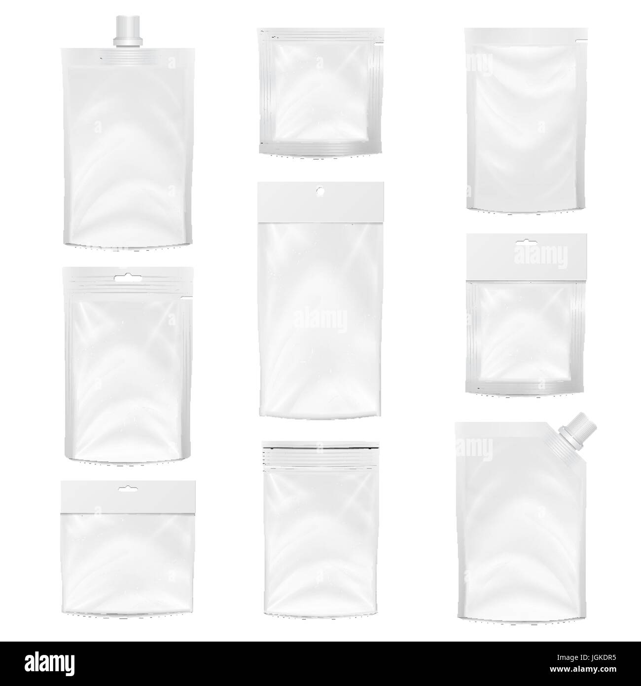Pochette en plastique vierge. Vector Design d'emballage. Maquette réaliste de modèle en plastique blanc Sac de poche. Hang vide Logement. Nettoyer l'Emballage Sac blanc Doypack avec couvercle de la tuyère d'angle. Illustration isolé Illustration de Vecteur