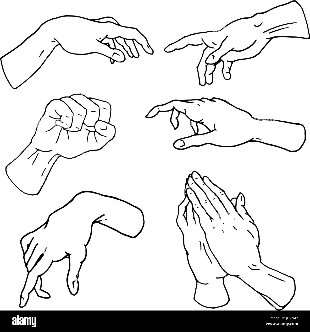 Bras arrêtent les gestes, palm, Thumbs up, doigt pointeur, ok, comme et prier ou handshake, fist et la paix ou du rock n roll. gravés à la main dans le vieux style croquis, collection vintage de l'émotion et de signes. Illustration de Vecteur