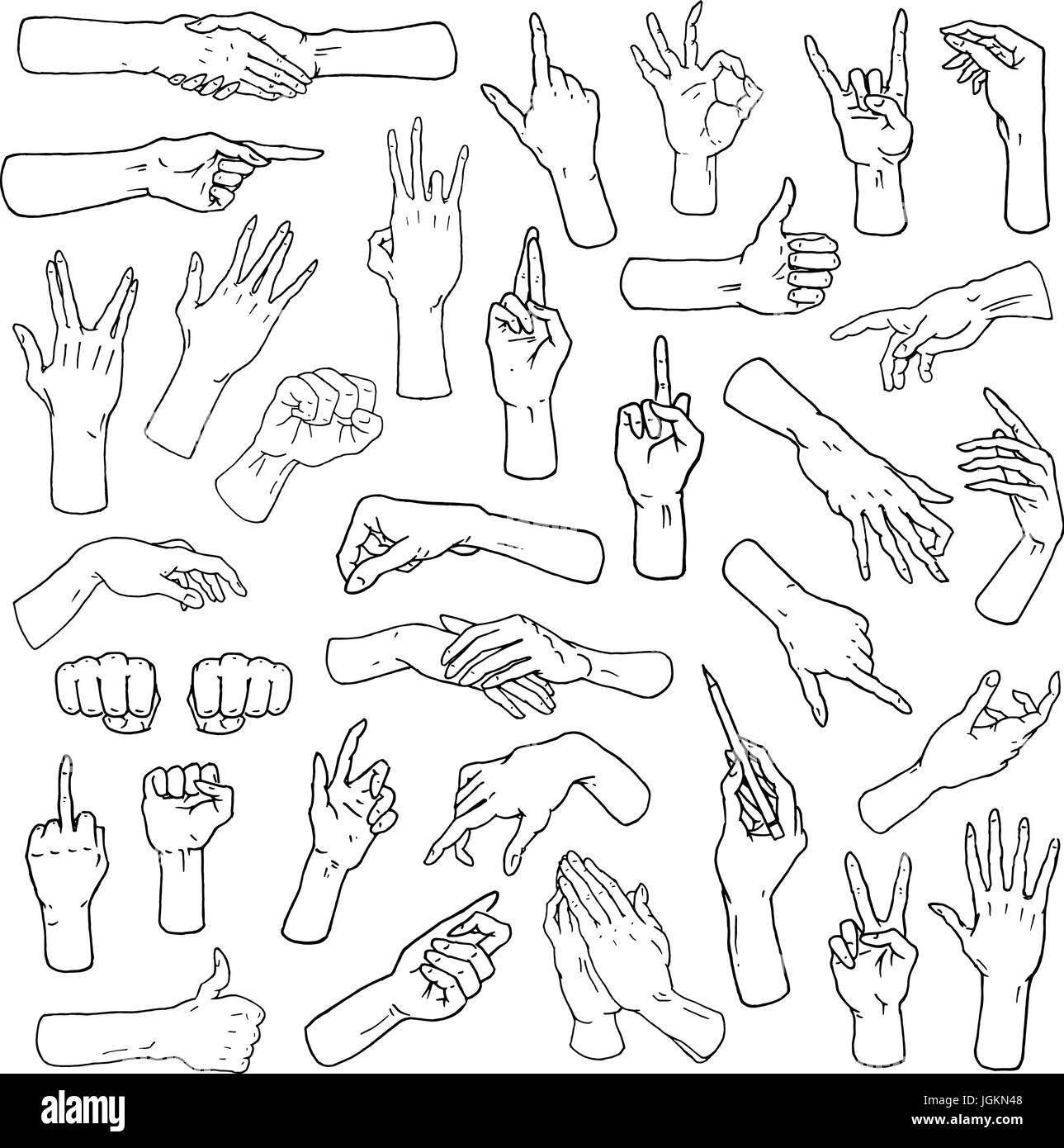 Bras arrêtent les gestes, palm, Thumbs up, doigt pointeur, ok, comme et prier ou handshake, fist et la paix ou du rock n roll. gravés à la main dans le vieux style croquis, collection vintage de l'émotion et de signes. Illustration de Vecteur