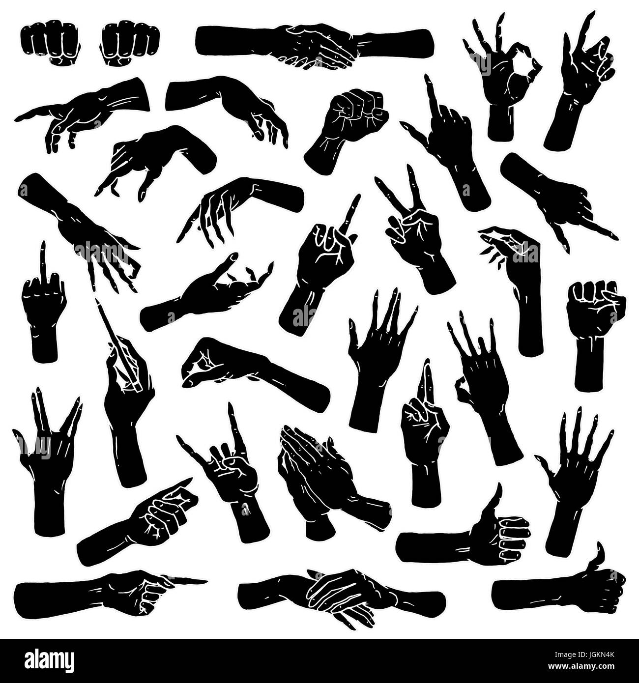Bras arrêtent les gestes, palm, Thumbs up, doigt pointeur, ok, comme et prier ou handshake, fist et la paix ou du rock n roll. gravés à la main dans le vieux style croquis, collection vintage de l'émotion et de signes. Illustration de Vecteur