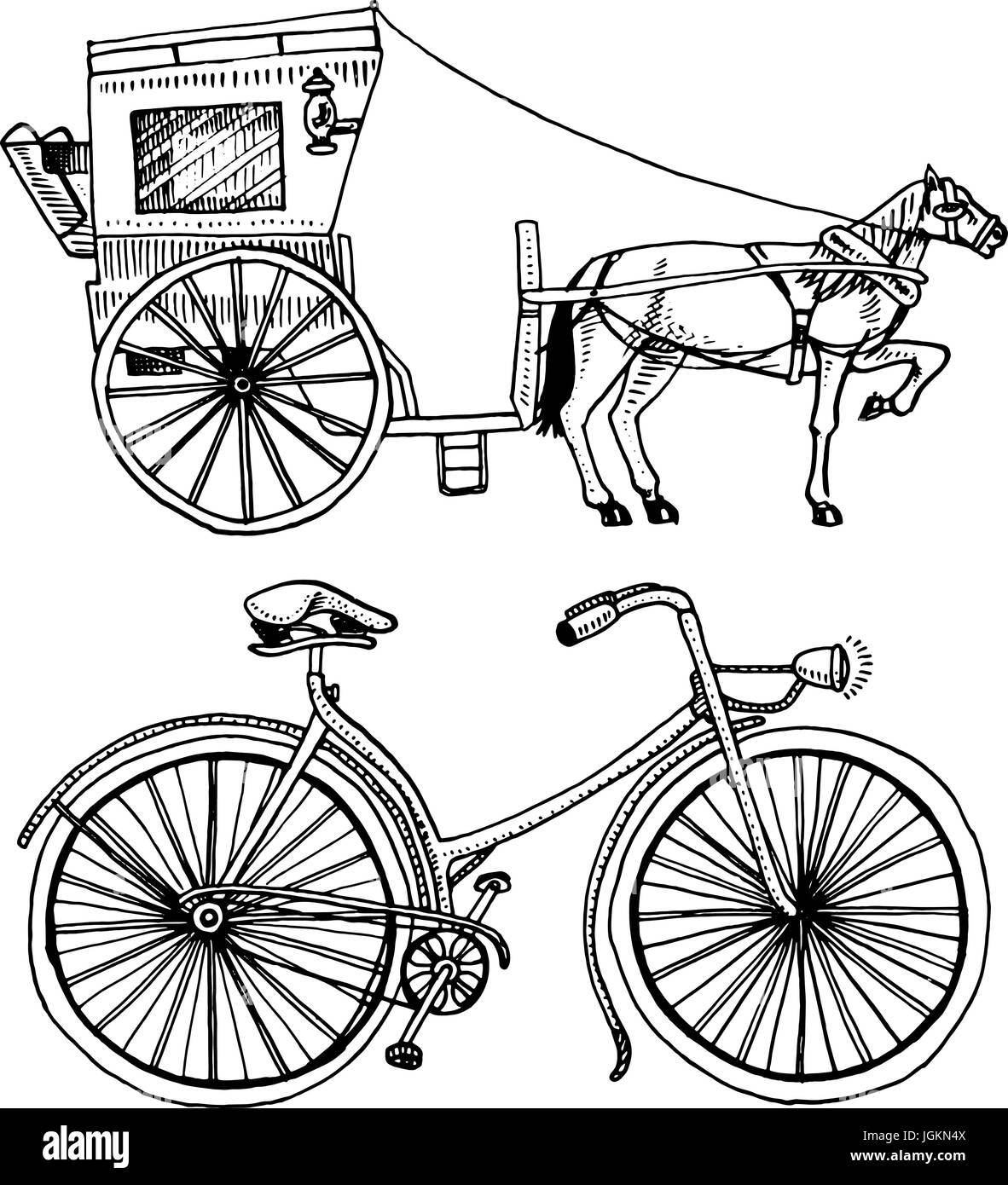 Promenades en calèche ou en bus et à vélo, vélo ou vélocipède. billet d'illustration. gravés à la main dans de vieux croquis, style vintage transport. Illustration de Vecteur Promenades en calèche ou en bus et à vélo, vélo ou vélocipède. billet d'illustration. gravés à la main dans de vieux croquis, style vintage transport. Illustration de Vecteur