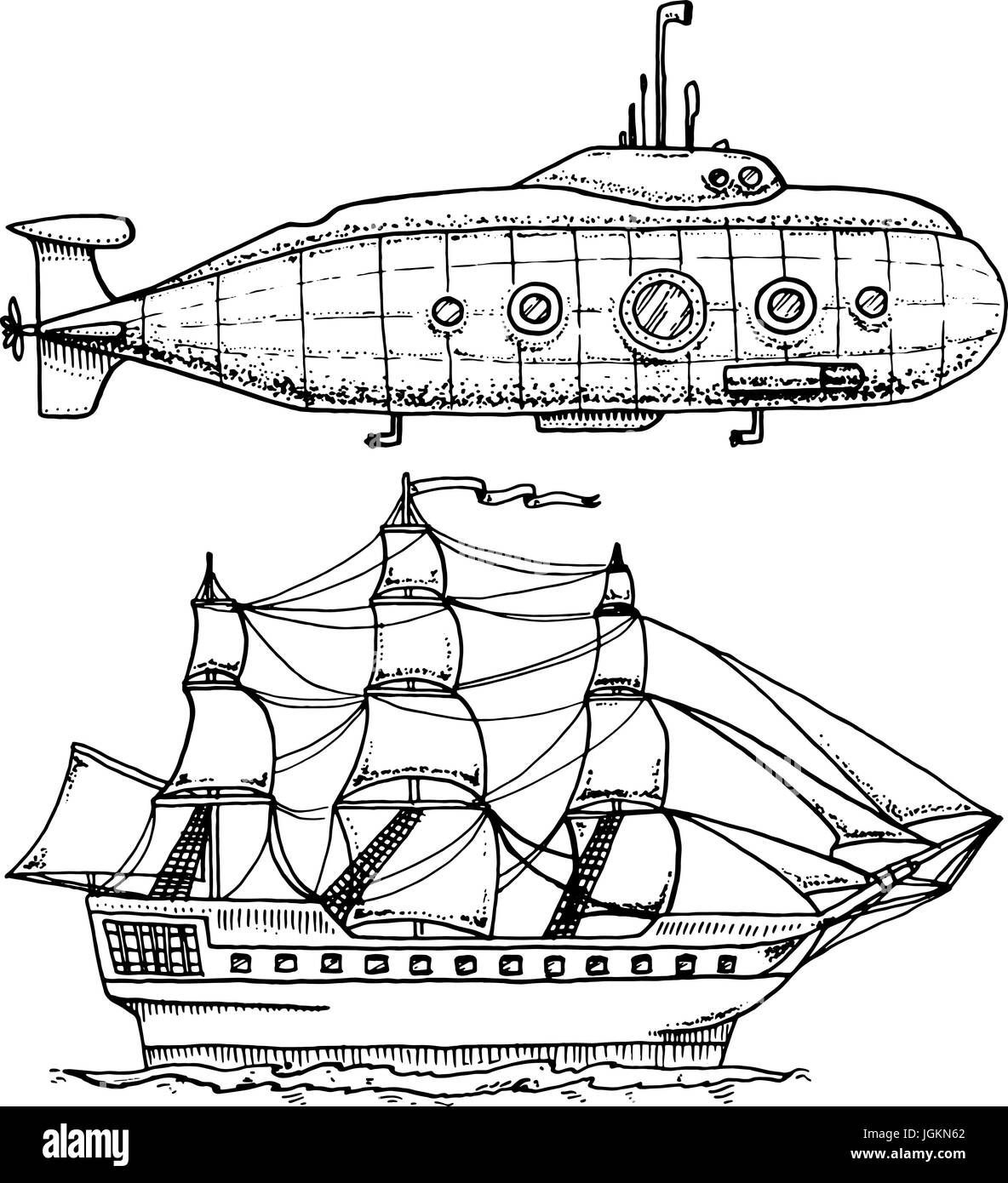 De plongées sous-marin militaire ou bateau sous-marin avec periscope pour mer profonde. navire de croisière ou voilier. illustration gravée à la main dans de vieux croquis, style vintage transport. Illustration de Vecteur