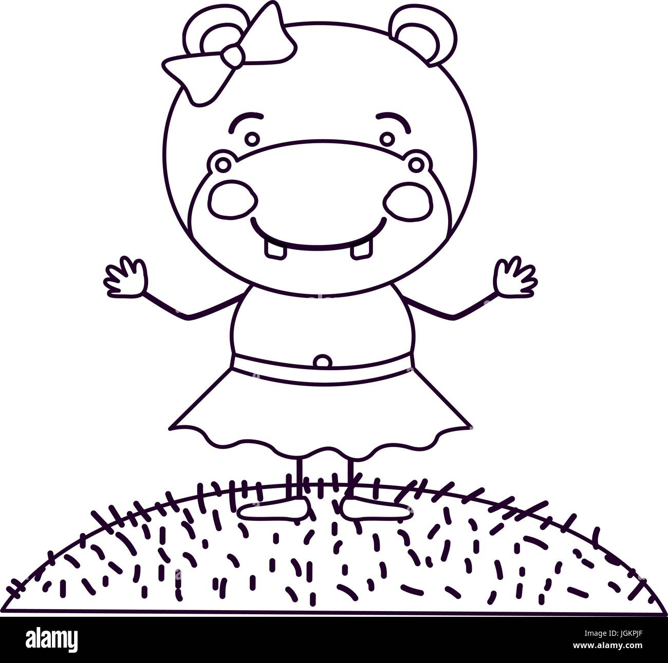 Contour dessin paysage ciel scène et de l'herbe avec caricature mignon expression femme hippo en jupe avec dentelle Illustration de Vecteur