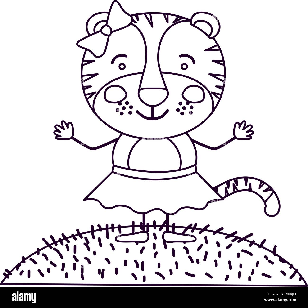 Contour dessin paysage ciel scène et de l'herbe avec caricature mignon expression femme tigresse en jupe avec dentelle Illustration de Vecteur