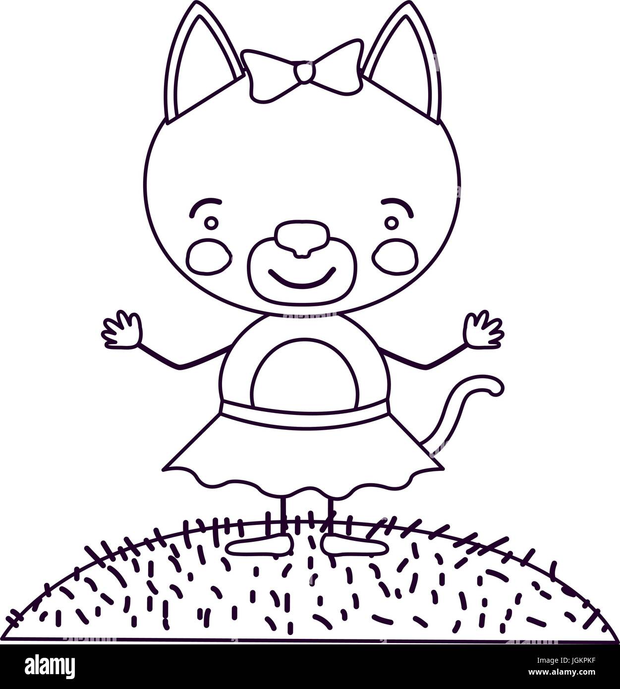 Contour dessin paysage ciel scène et de l'herbe avec caricature mignon expression chat femelle en jupe avec dentelle Illustration de Vecteur