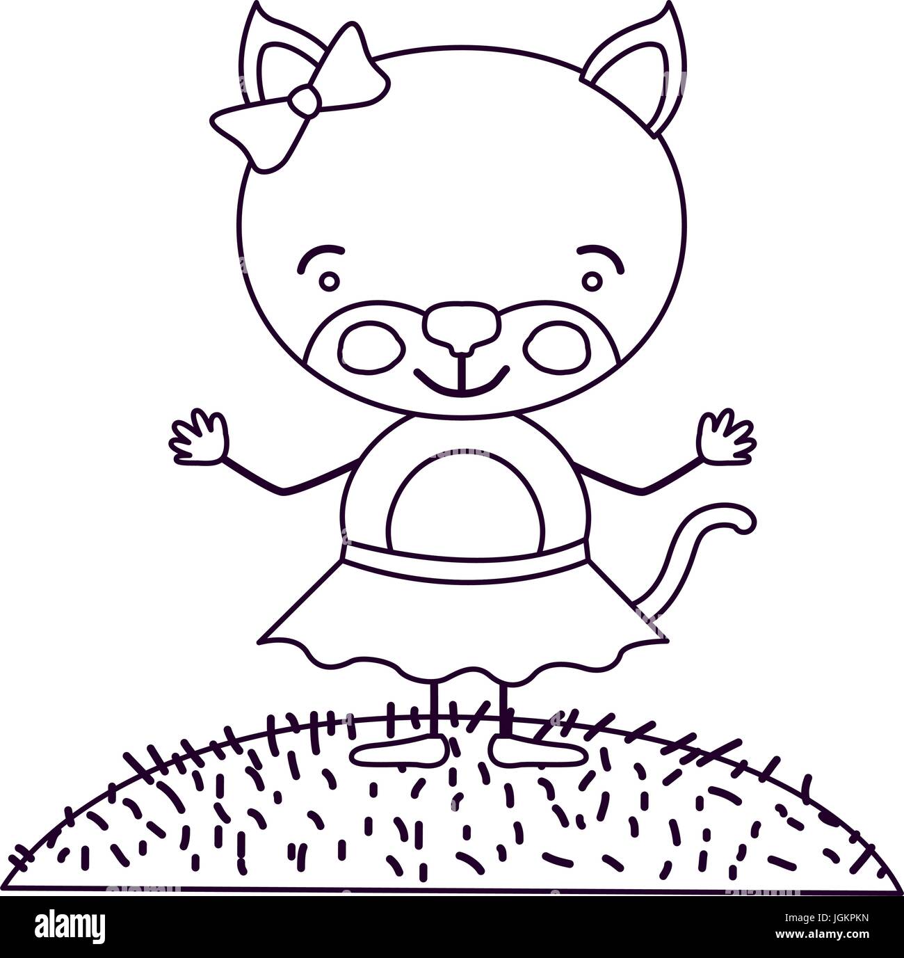 Contour dessin paysage ciel scène et de l'herbe avec caricature expression mignon chaton femelle en jupe avec dentelle Illustration de Vecteur