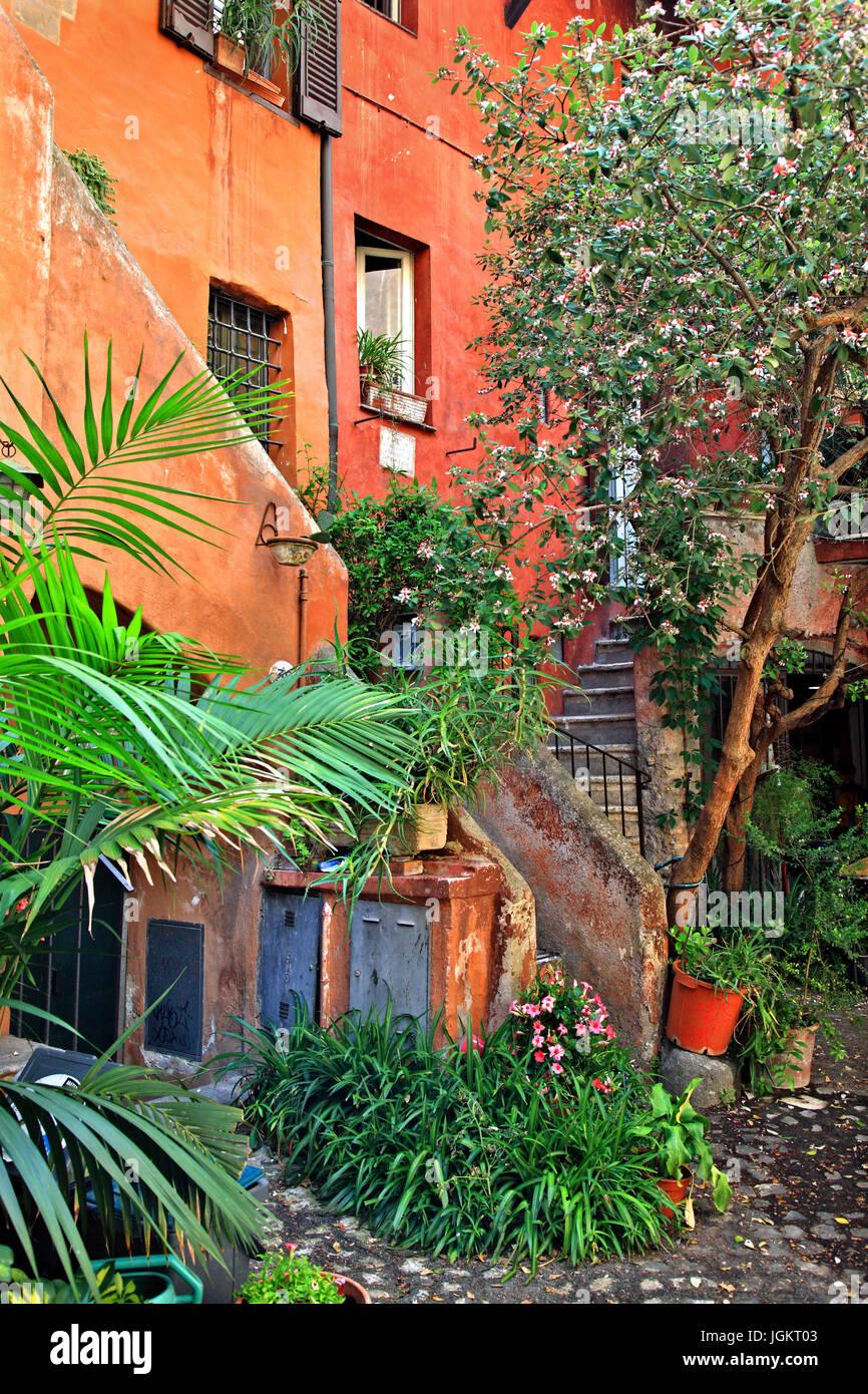 Arco degli Acetari, une belle cour intérieure, petite, cachée derrière un passage voûté, à proximité de Campo de' Fiori, Rome. Banque D'Images