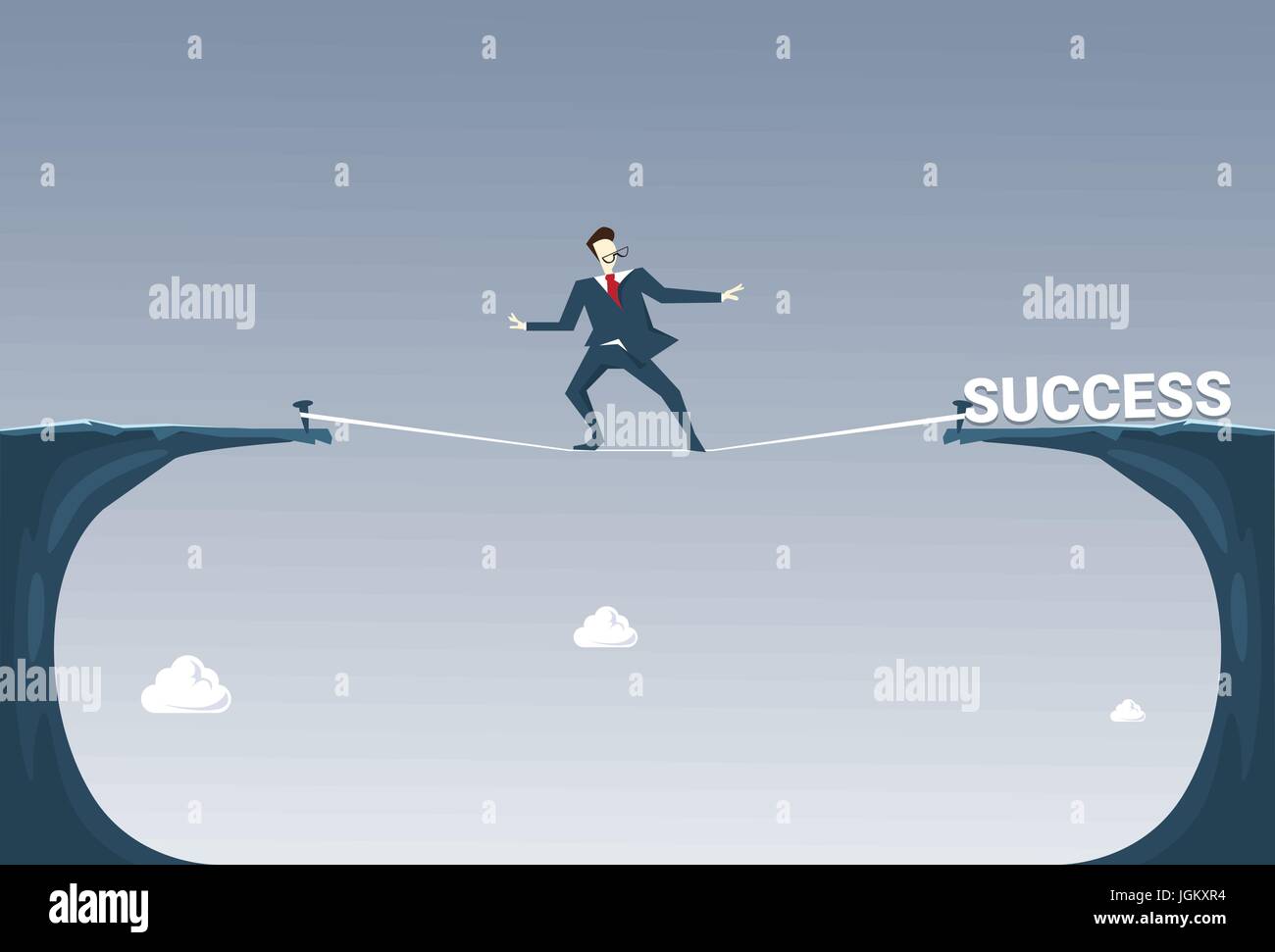 Businessman marche sur falaise Gap Montagne à succès Business Man en équilibre sur corde Illustration de Vecteur