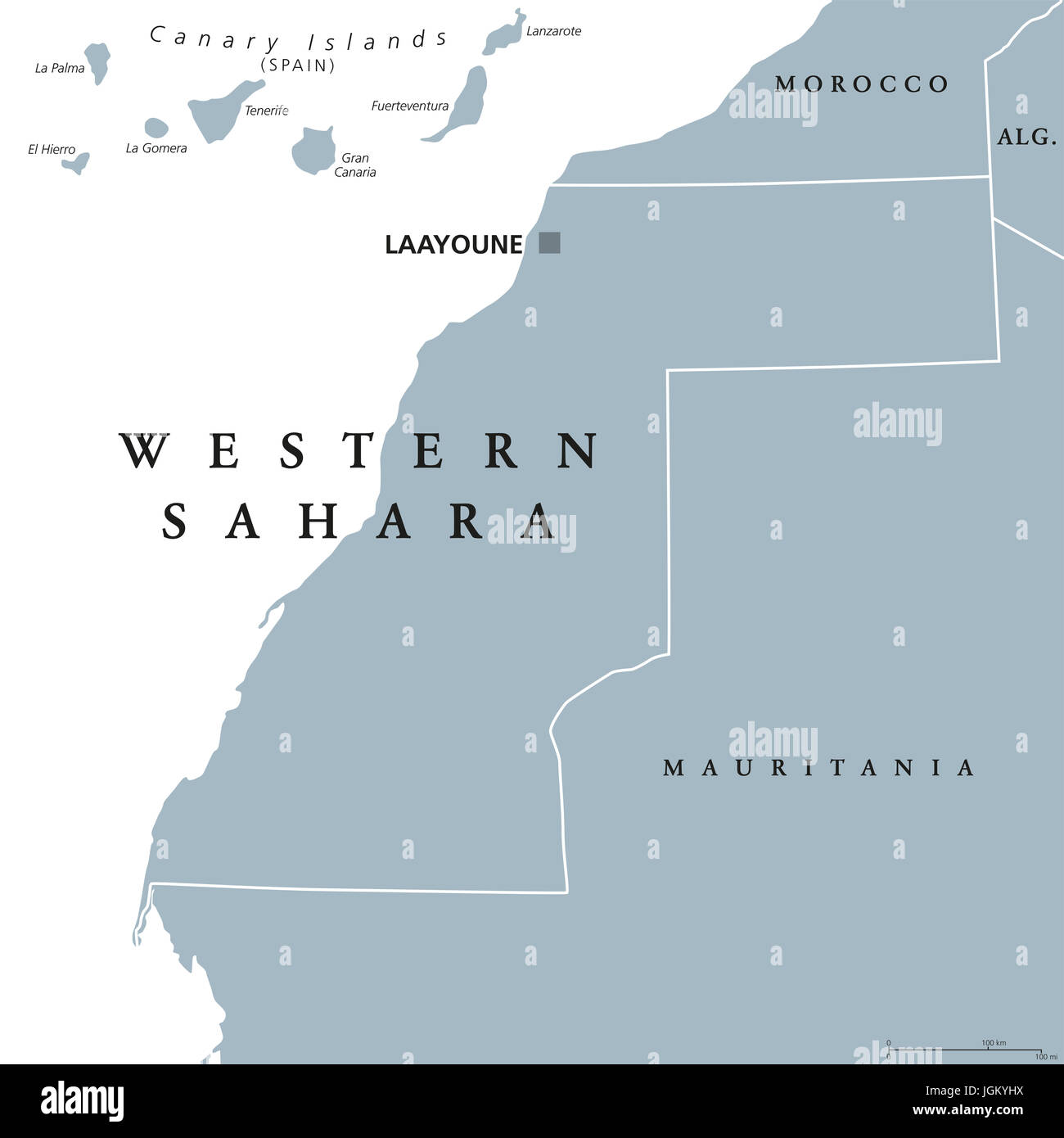 Carte politique du Sahara Occidental avec capital Laayoune. Contesté, partiellement en territoire occupé marocaine Maghreb de l'Afrique du Nord. Banque D'Images