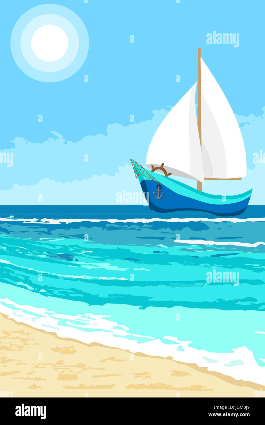 Paysage d'été avec cartoon voilier. Fond de mer pour flyer, banderole, carte de vœux et invitation Banque D'Images