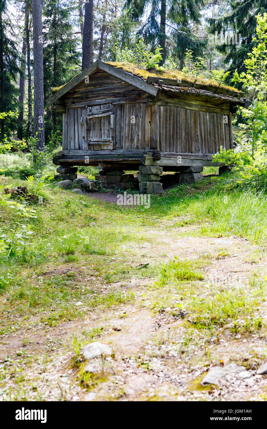 Extérieur d'un vieux bois faite maison de ferme ou log cabin in forest Banque D'Images