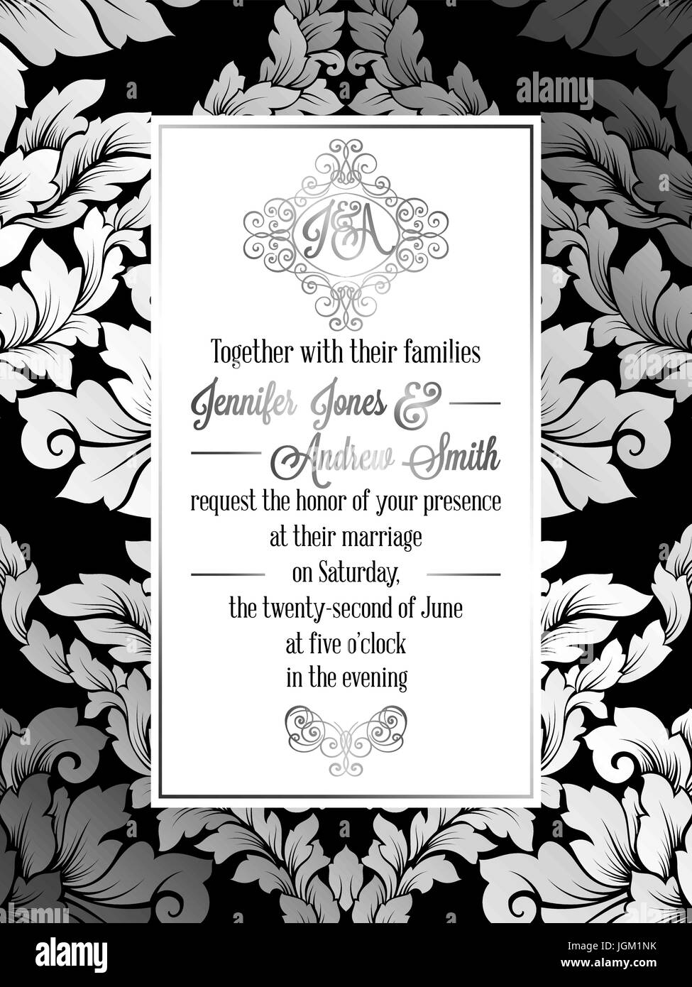 Vintage style baroque modèle de carte d'invitation de mariage.. La conception formelle élégante avec fond damassé, décoration traditionnelle pour mariage , dec d'argent Illustration de Vecteur