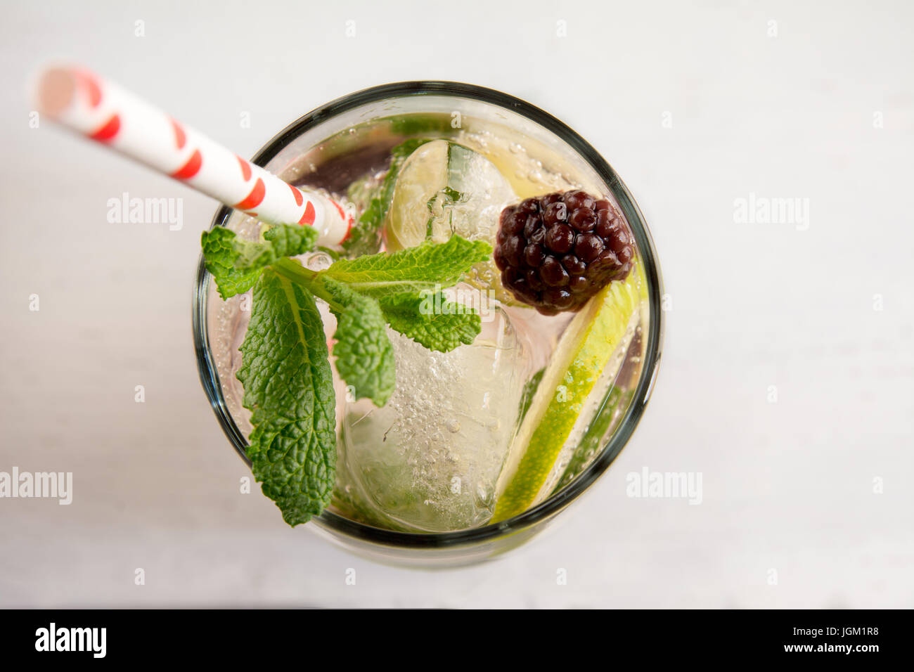 Cocktail gin tonic avec de la chaux, de fruits rouges et glace menthe, fond blanc. Close up detail Banque D'Images