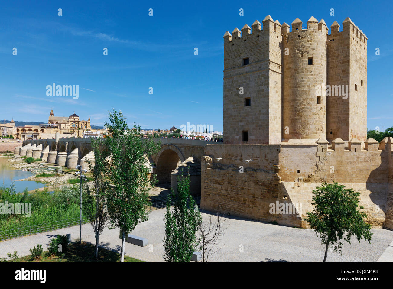 Cordoba, Cordoue, Andalousie, province du sud de l'Espagne. Torre de Calahorra (droite), pont romain et de la mosquée, la Mezquita. Le centre historique de Banque D'Images