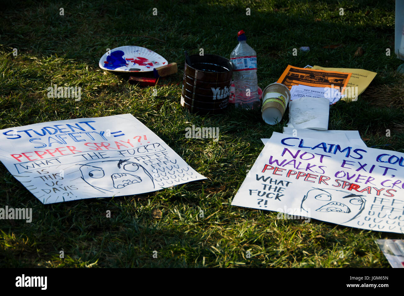 Signes sur l'herbe au cours de l'UC Davis manifestations occupent Banque D'Images