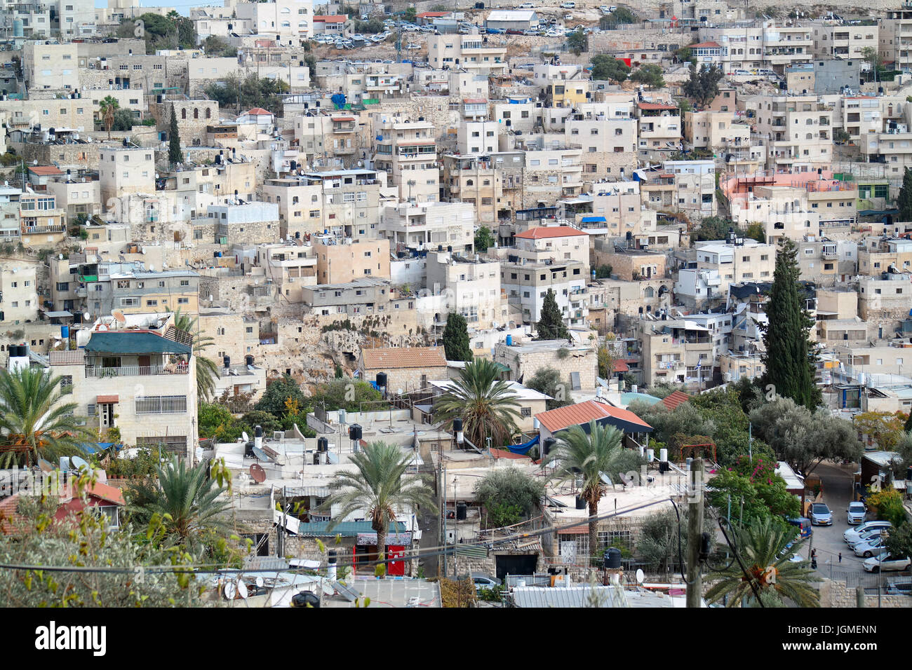 Maisons palestiniennes sur une colline près du Mont des Oliviers à Jérusalem-Est Banque D'Images