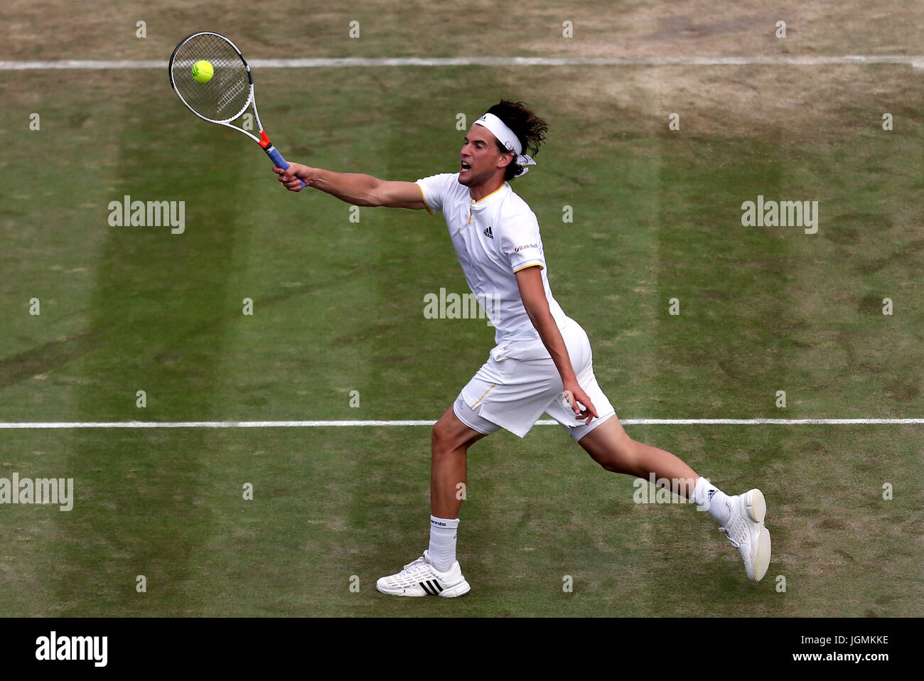 Dominic Thiem en action contre Jared Donaldson le sixième jour des championnats de Wimbledon au All England Lawn tennis and Croquet Club, Wimbledon. APPUYEZ SUR ASSOCIATION photo. Date de la photo: Samedi 8 juillet 2017. Voir PA Story TENNIS Wimbledon. Le crédit photo devrait se lire: Steven Paston/PA Wire. Banque D'Images