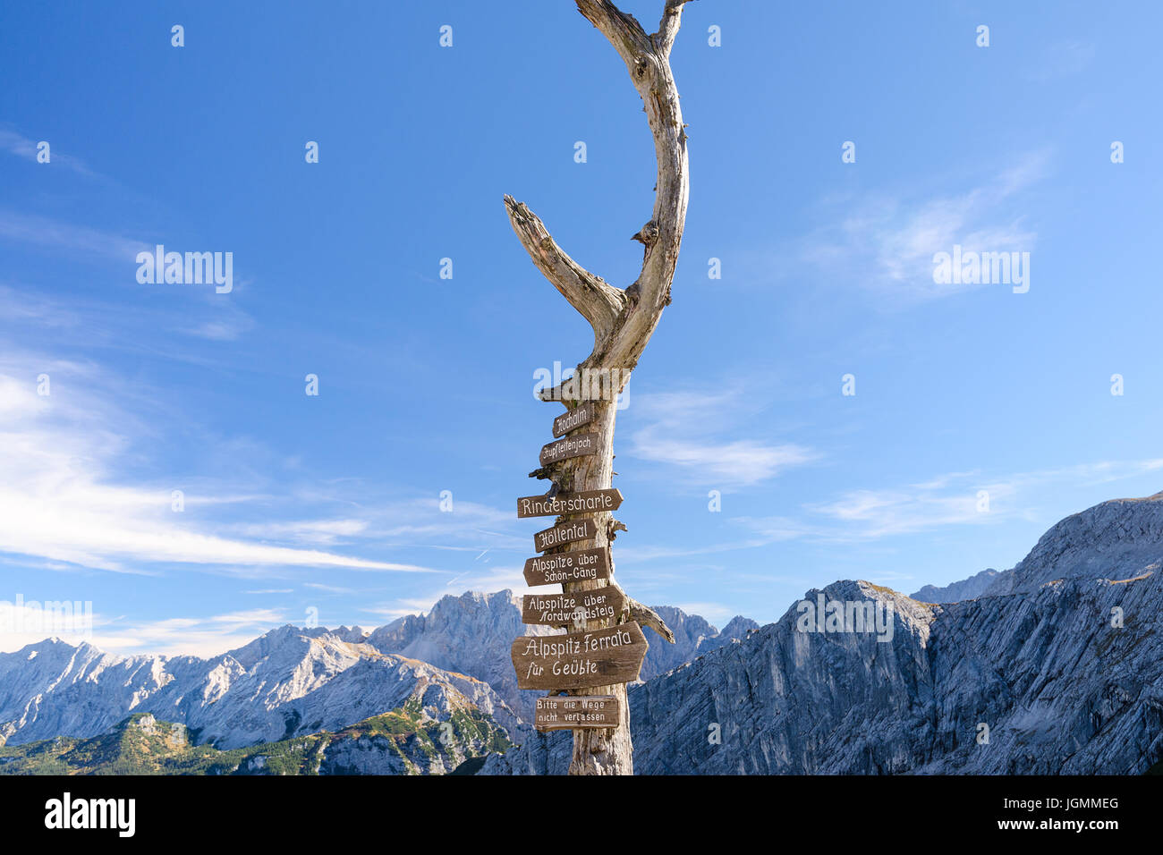Panneau en bois avec route flèches sur arbre sec en allemand sur les montagnes des Alpes bavaroises pic Alpspitze Banque D'Images