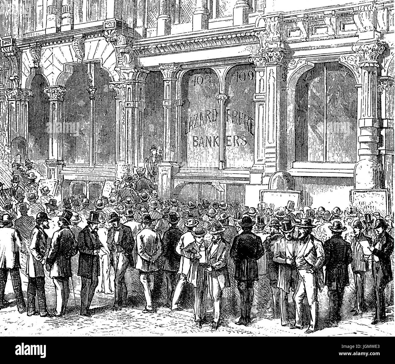 1879 : Les joueurs de stocks et des actions à la jonction de Montgomery et California Street, proches de l'courtier babillards, San Francisco, Californie, États-Unis d'Amérique Banque D'Images