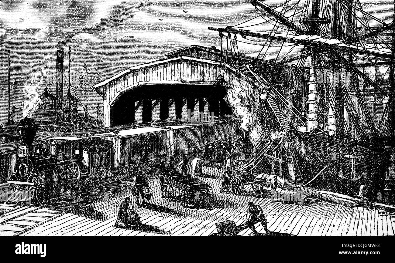 1879 : vapeur et voile sur Central Pacific Wharf, San Francisco, Californie, États-Unis d'Amérique Banque D'Images