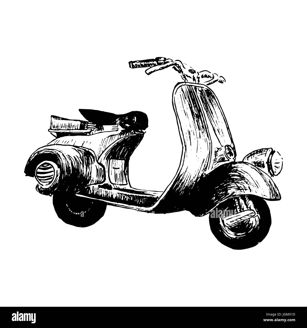 Vintage motor scooter. vector illustration, hand graphiques - vieux scooter turquoise. Symbole italien. Vector illustration croquis dessinés à la main. Pour l'impression, Illustration de Vecteur