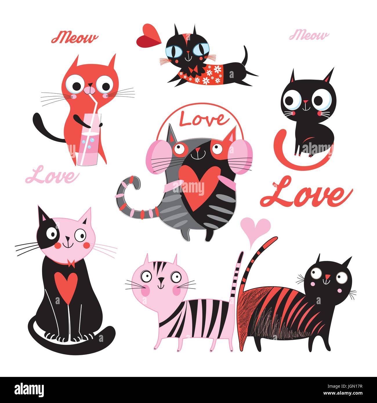 Vector set of funny cats aimant isolé sur fond blanc Illustration de Vecteur