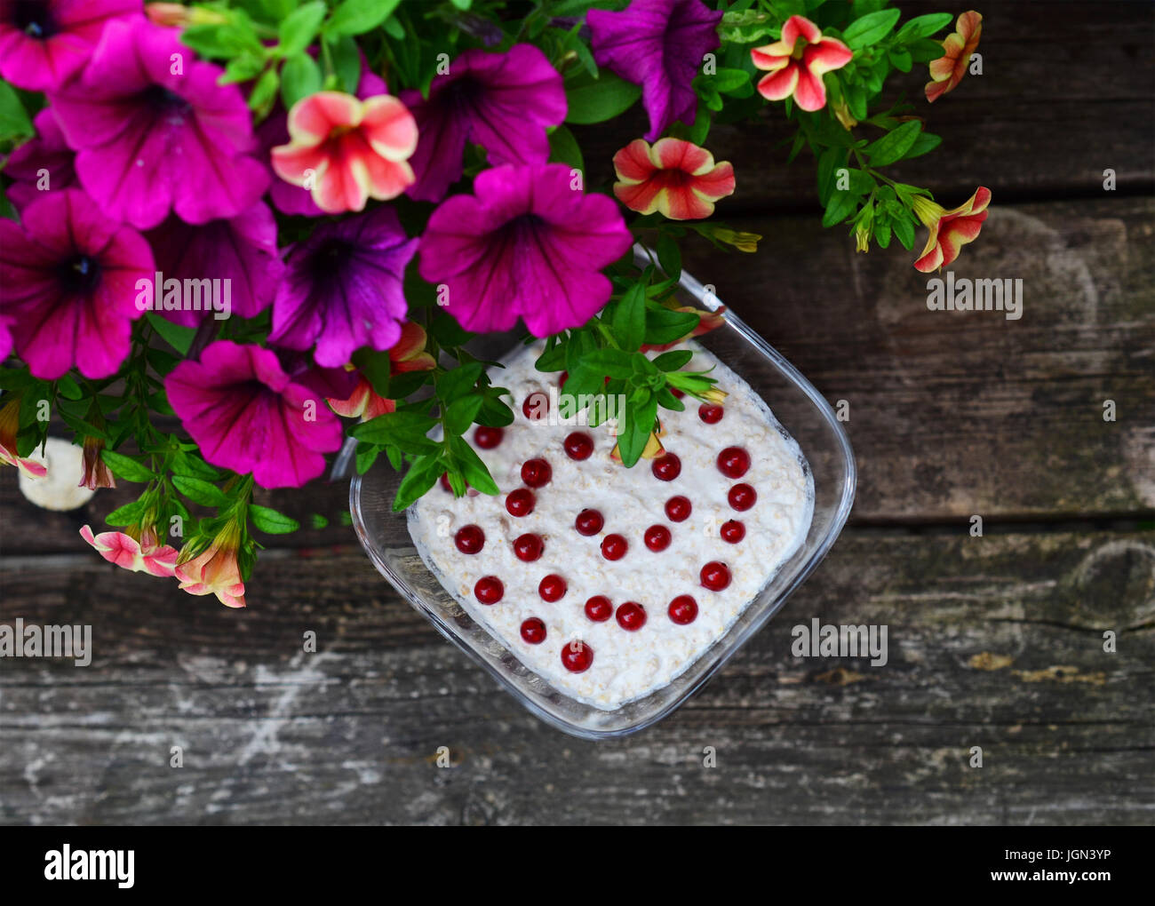 Bol de gruau avec oatflakes, lait de coco, et groseilles rouges dans un bol en verre, vue du dessus Banque D'Images